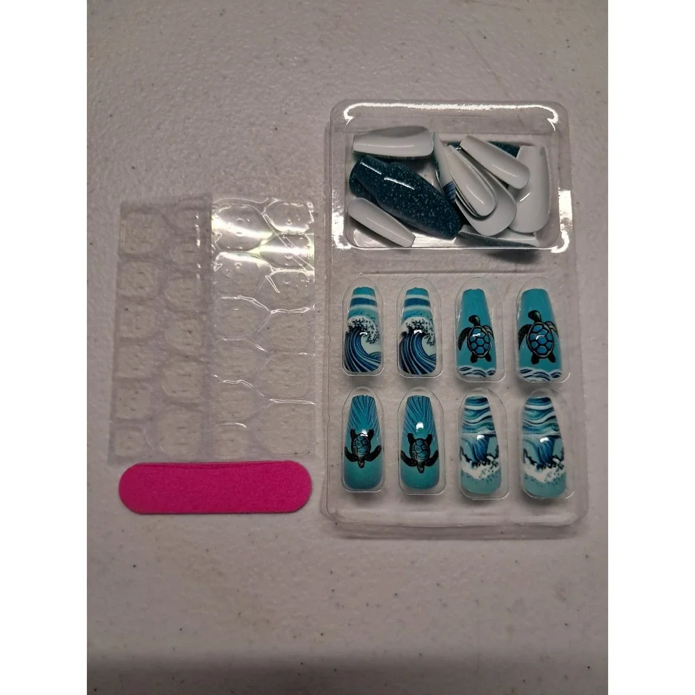 Beautiful‎ Nail Sea Turtle Ocean Wave Press On Nails Blue Coffin Long 24pc Kit